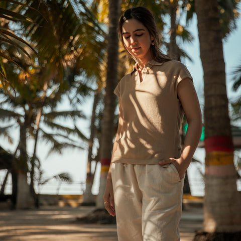 Women's Flat Knit Sleeveless Polo T-Shirt - Beige