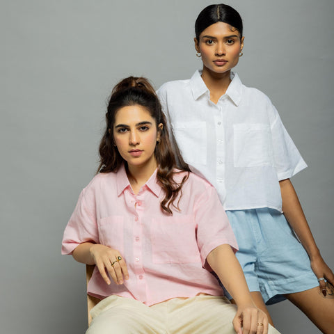 Women's Oversized Crop Shirt - Powder Pink