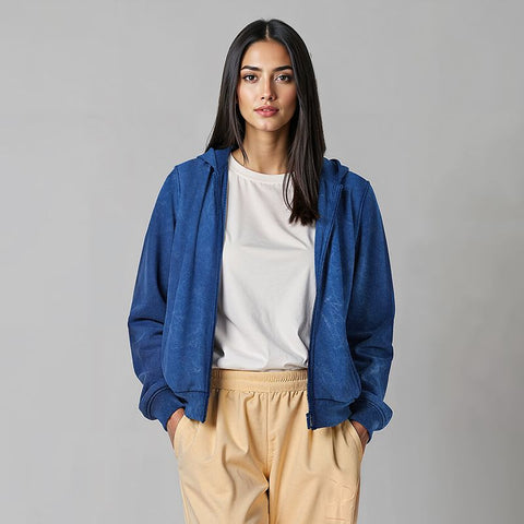 Women's French Terry Embossed Hoodie - Navy Blue