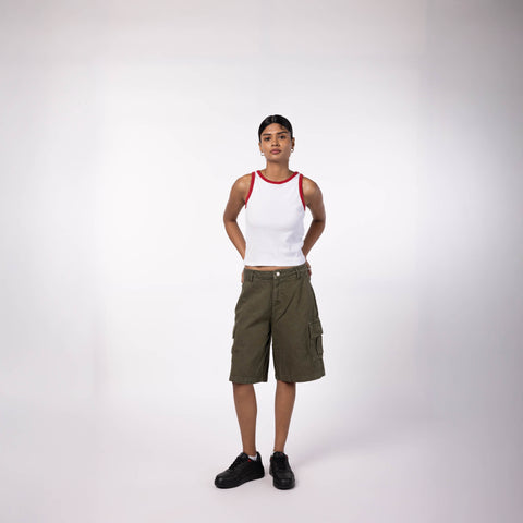 Women Ribbed Tank Top - White with Red Binding