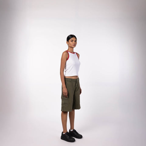 Women Ribbed Tank Top - White with Red Binding