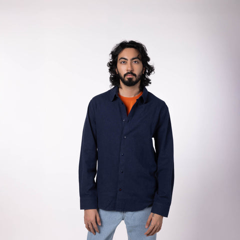 Men's Regular Collar Cotton Melange Shirt - Blue