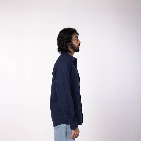 Men's Regular Collar Cotton Melange Shirt - Blue