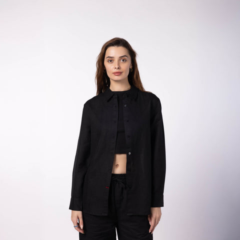 Women's Linen Classic Collar Shirt - Black