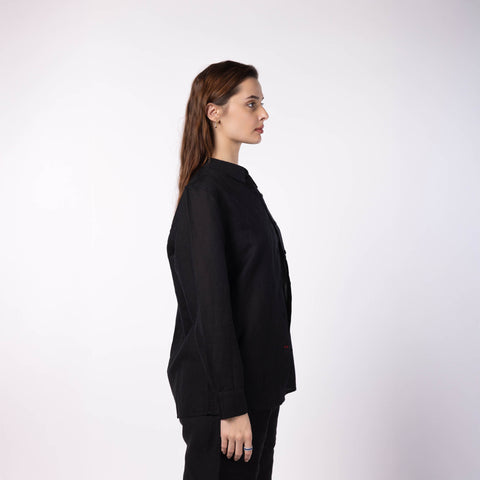 Women's Linen Classic Collar Shirt - Black