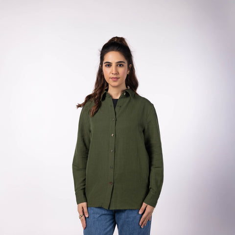 Women's Linen Classic Collar Shirt - Olive