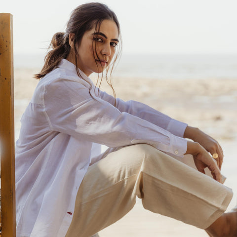 Women's Linen Classic Collar Shirt - White