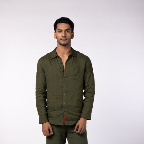 Men's Linen Classic Collar Shirt - Olive