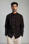 Men's Linen Mandarin Collar Shirt - Black