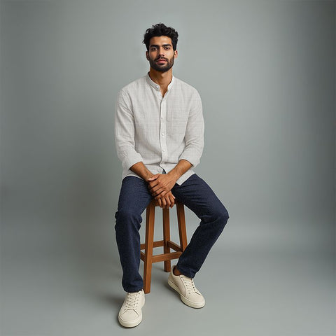 Men's Linen Mandarin Collar Shirt - Dawn Blue