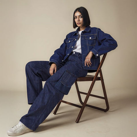 Women's Denim Biker Jacket - Navy Blue