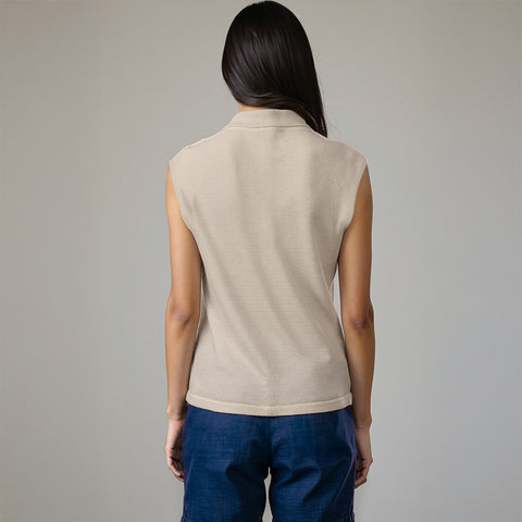 Women's Flat Knit Sleeveless Polo T-Shirt - Beige