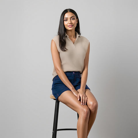 Women's Flat Knit Sleeveless Polo T-Shirt - Beige