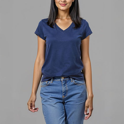Women's Cotton Jersey V-Neck T-Shirt - Dark Blue