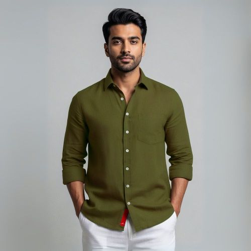 Men's Linen Classic Collar Shirt - Olive