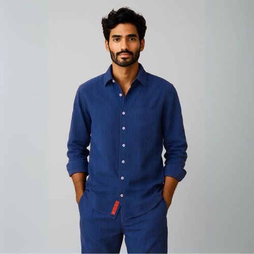 Men's Linen Classic Collar Shirt - Navy Blue