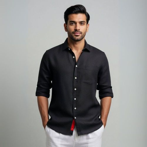 Men's Linen Classic Collar Shirt - Black